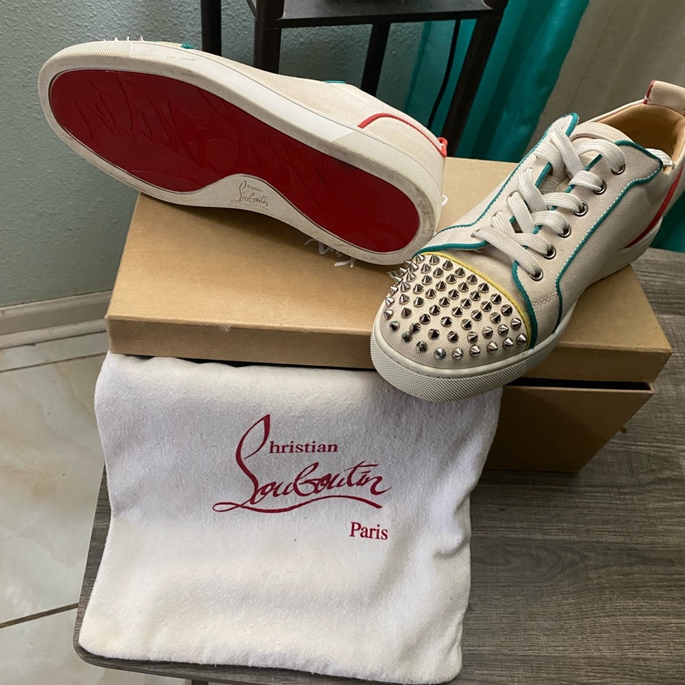 Christian Louboutin White and Red Studded Sneakers